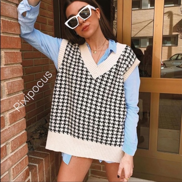 Zara Houndstooth Oversized Knit Vest 